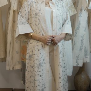 Mul Chanderi off white Collared Jacket with Fine Grey Embroidery & Mul Chanderi Inner-Pants Set(3 Piece set)