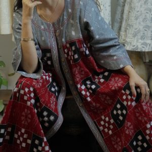 Monochrome Mosaic: Ikat thread work Jacket Dress with Tribal Panels in Grey, Red & Black