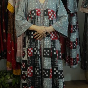 Monochrome v-neck Ikat Majesty: Button-Down Kali Jacket with Geometric Motifs in Grey, Red & Black – Timeless Artisan Statement