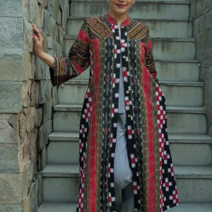Ikat Sambalpuri patchwork kali shrug with bold checks & Tribal stripes – Handloom Multi with grey organic cotton top and pants ( 3 piece set )