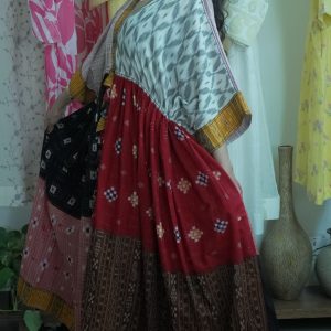 Patchwork Prism: Handwoven Ikat Kaftan Dress with Multicolor Panels & Golden Accents