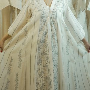 Mulchanderi off white kali kurta with grey embroidery 3 piece Mulchanderi set with inner top and pants