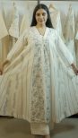 Elegant Off-White Mul Chanderi Kali Kurta with Grey Threadwork – 3 Piece Ensemble (Inner Top - Pants)