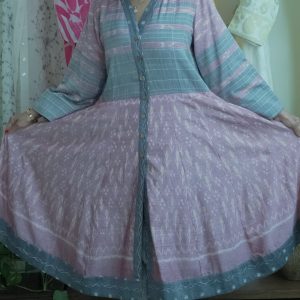 Pastel Mirage: Flared Tunic Dress - Kurti in Pink, grey & White handwoven Ikat Patterns