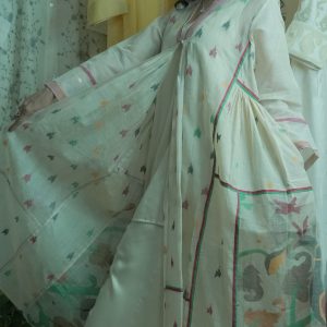 Handwoven beige authentic jamdani fabric with peackcock motifs paired with modale satin top and pants ( 3 piece set)