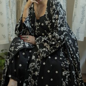 Authentic black Mul Chanderi kali with angrakhaa styling emboidery with sequence and thread work along with black salwar  (3 piece set)